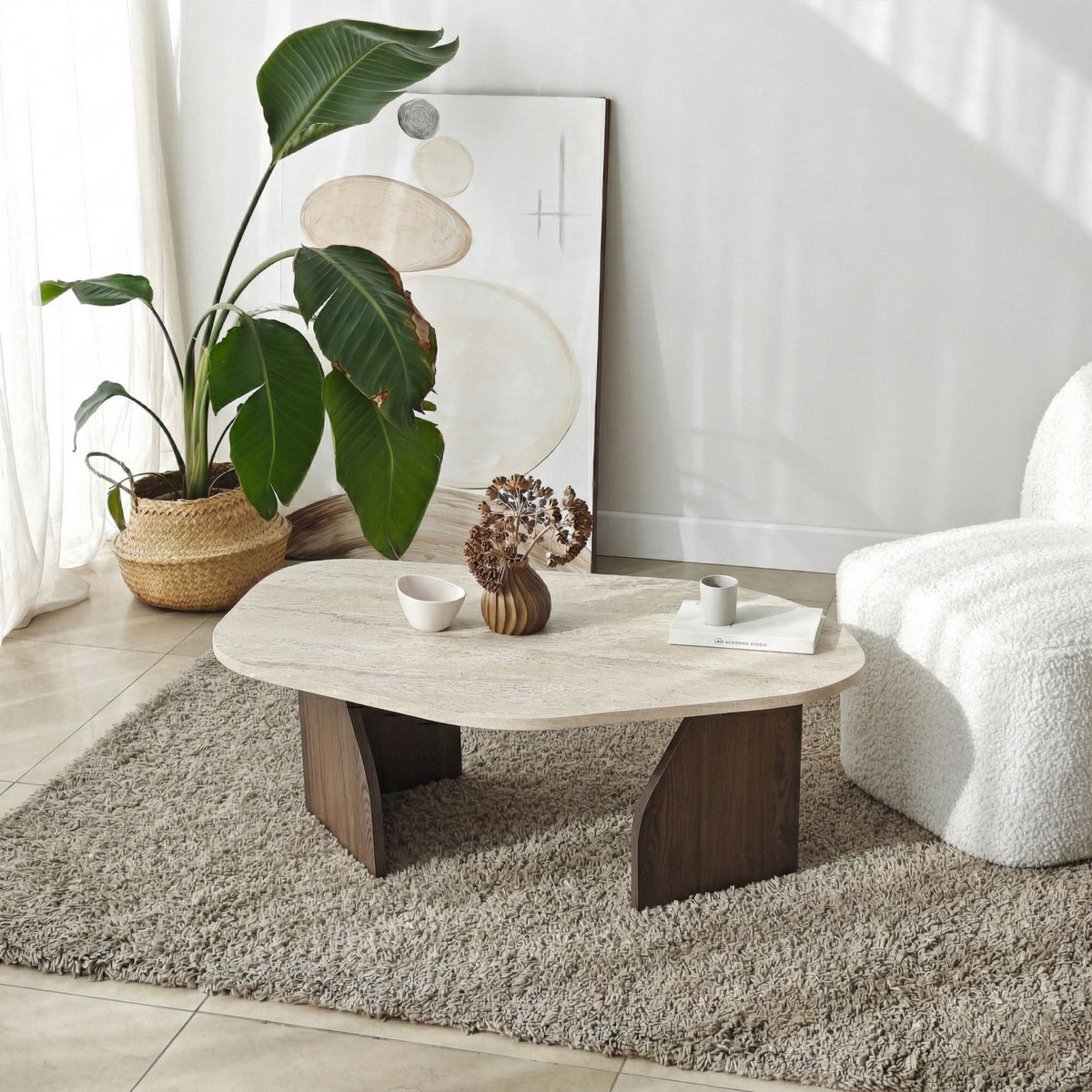 Rock sofabord, 100 x 60 cm – travertinlook og valnød – produktbillede 2