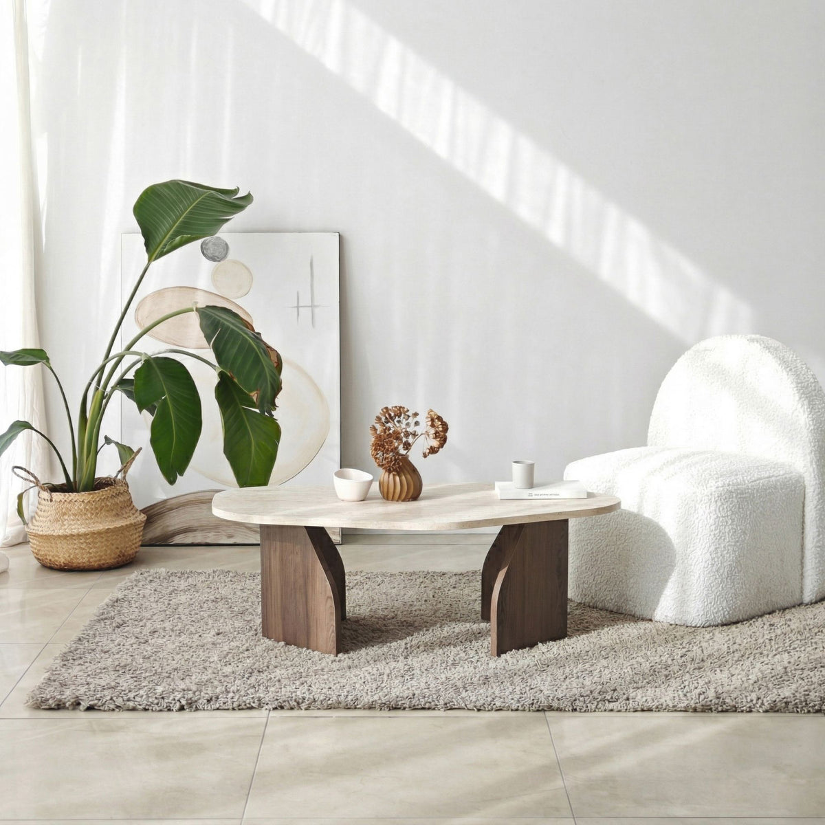 Rock sofabord, 100 x 60 cm – travertinlook og valnød – produktbillede 3