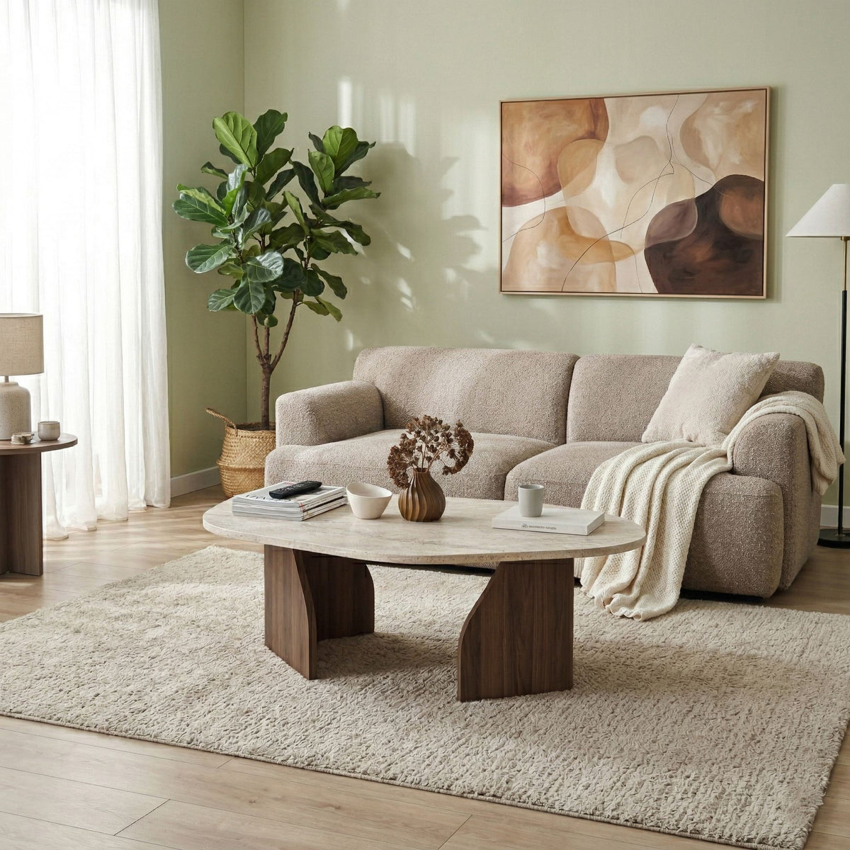 Rock sofabord, 100 x 60 cm – travertinlook og valnød – produktbillede 5