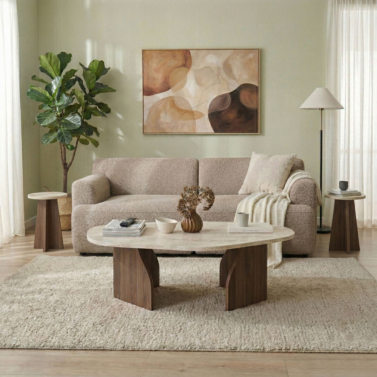Rock sofabord, 100 x 60 cm – travertinlook og valnød – produktbillede 6