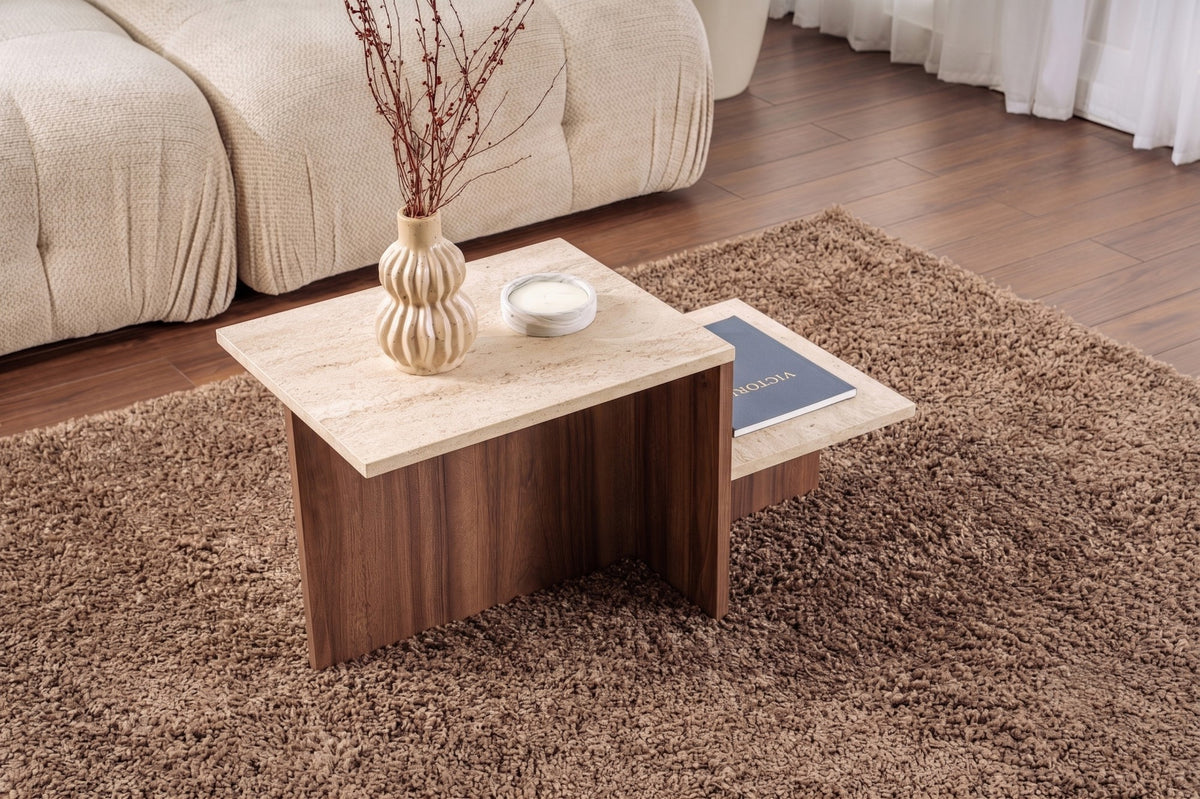 Harmony sofabord, 80 x 40 cm – travertinlook og valnød – produktbillede 2