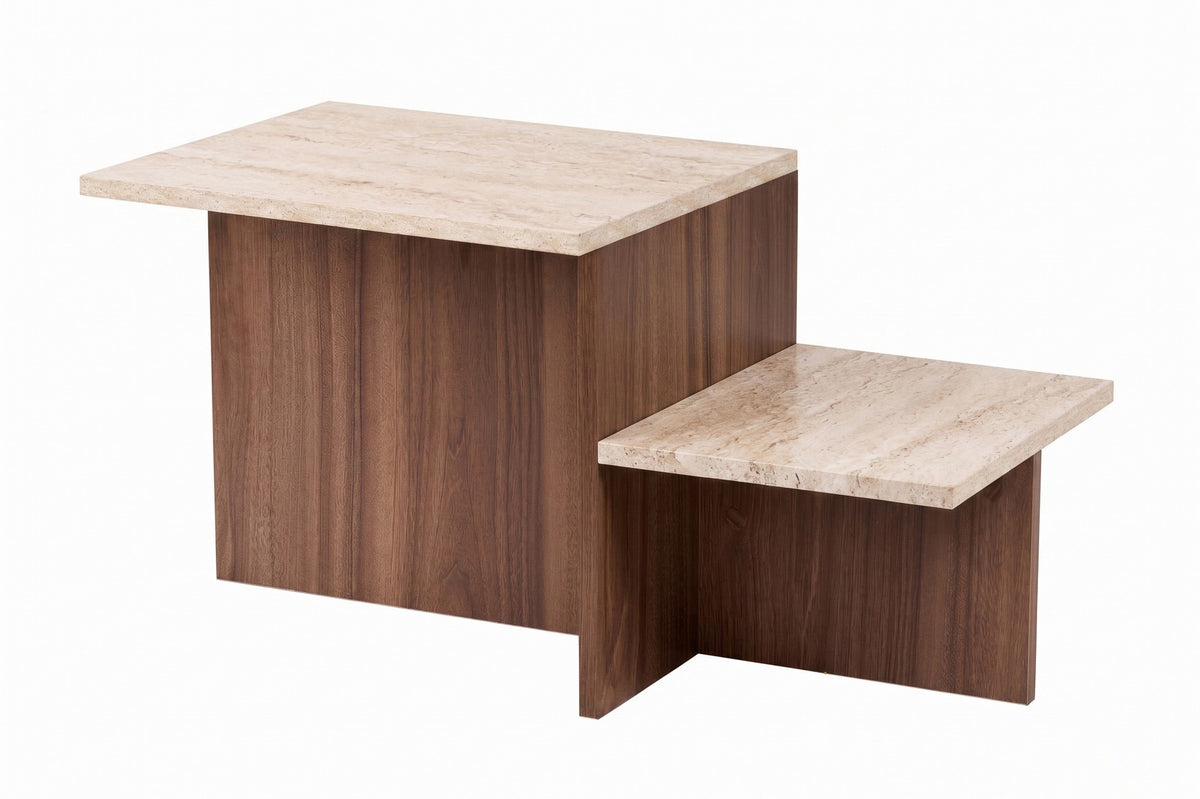Harmony sofabord, 80 x 40 cm – travertinlook og valnød – produktbillede 5