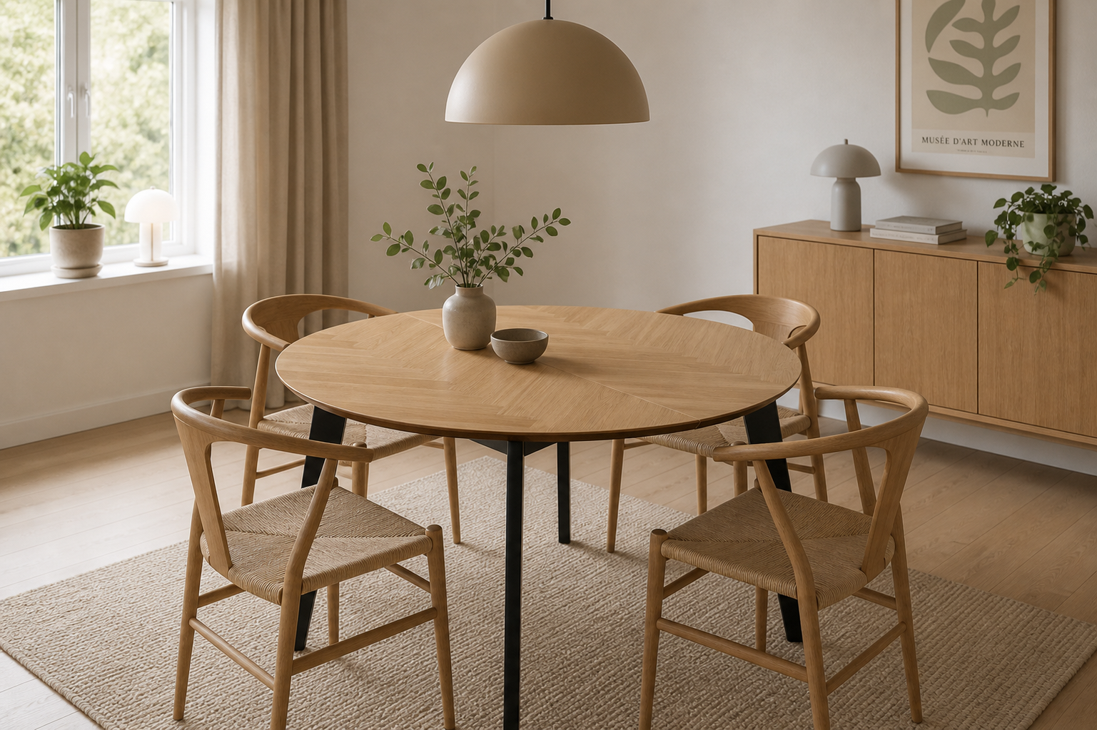 Richmont Spisebord m. udtræk, Ø120/198 cm | Sildebensmønster