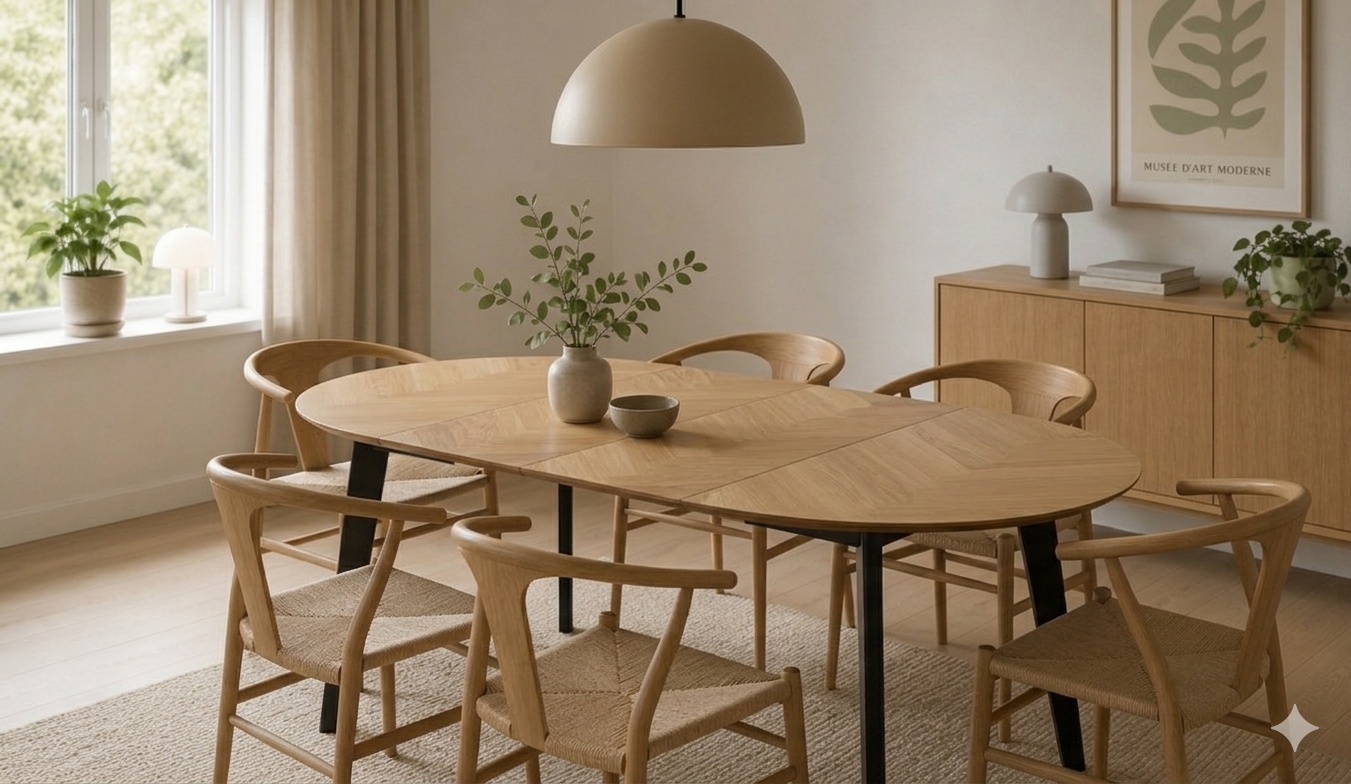 Richmont Spisebord m. udtræk, Ø120/198 cm | Sildebensmønster