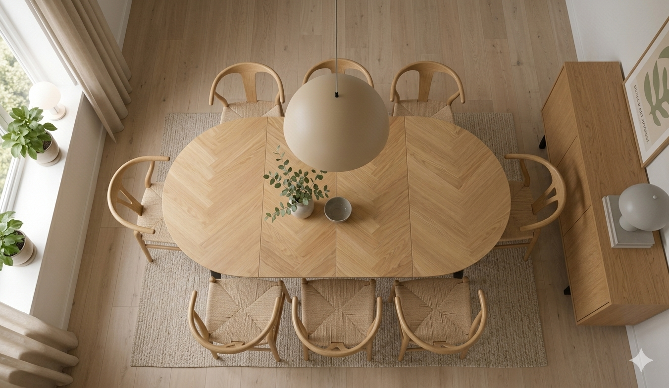 Richmont Spisebord m. udtræk, Ø120/198 cm | Sildebensmønster